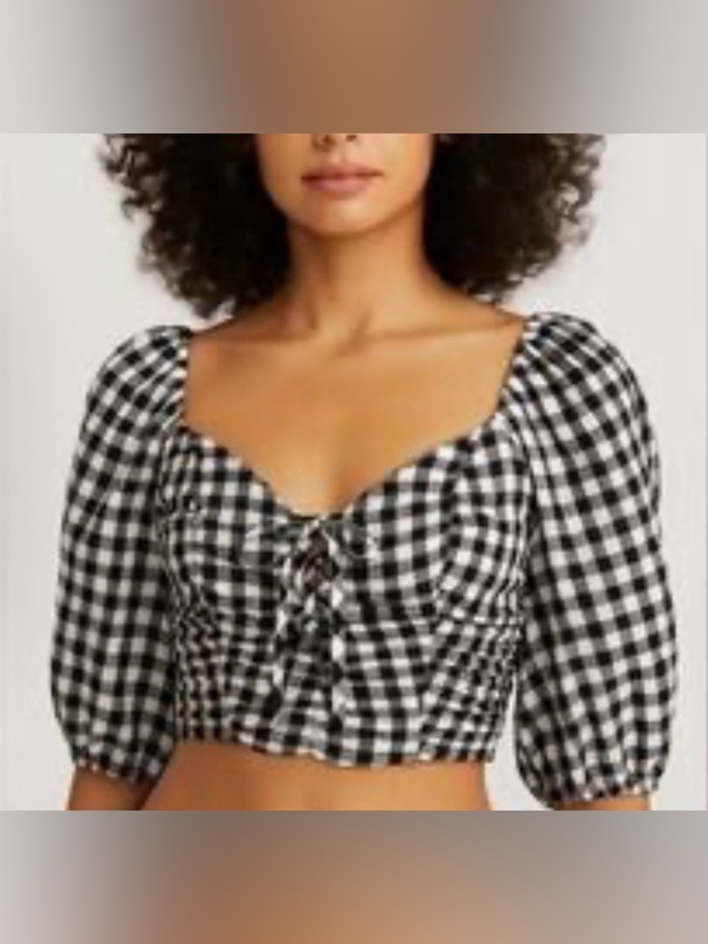 NEW Kirious Los Angeles Black White Gingham Lace Up Puff Sleeve Crop Top Medium